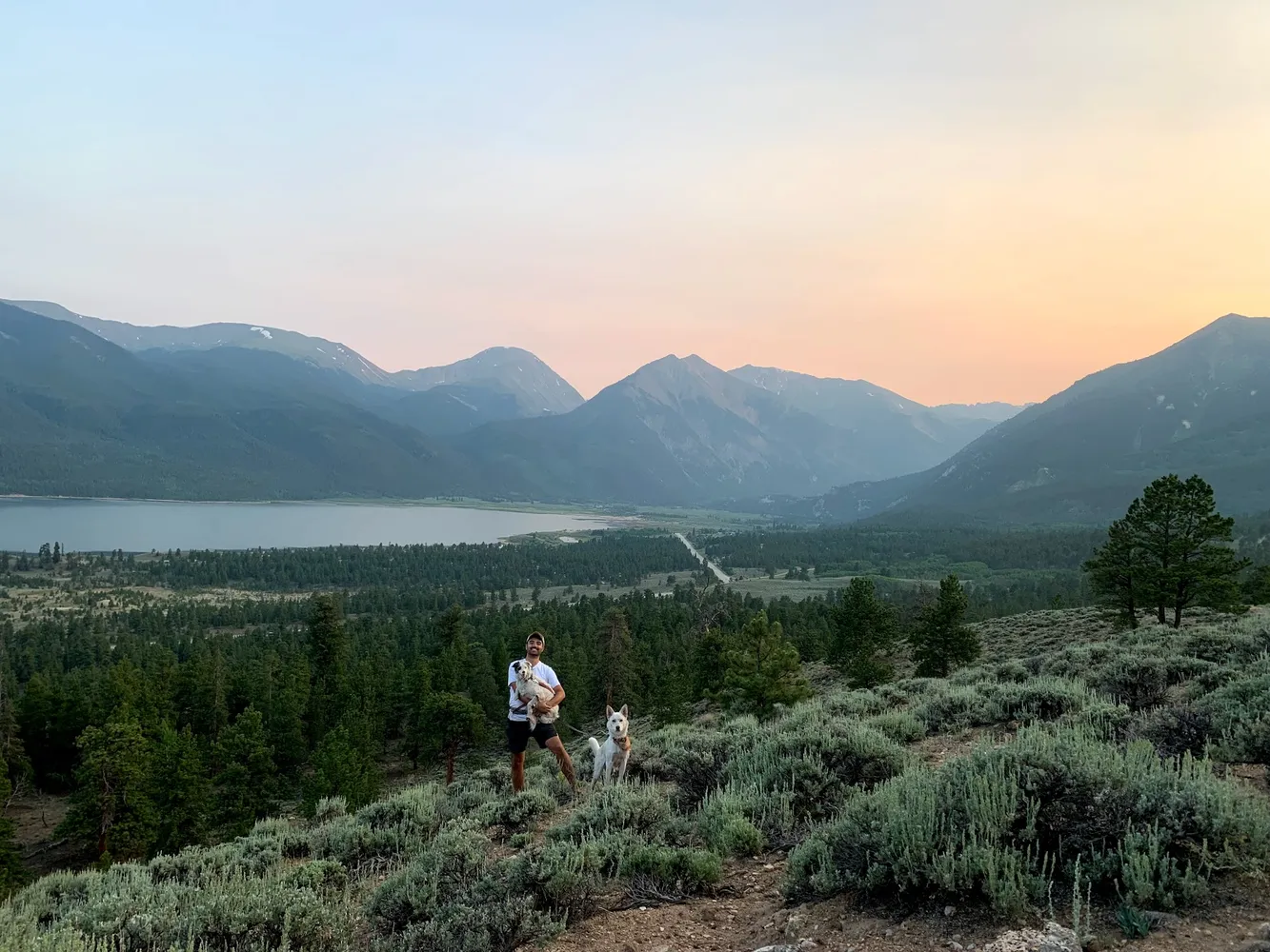 Grant holding Drey on a hillside at sunset, with another of his dogs beside him
