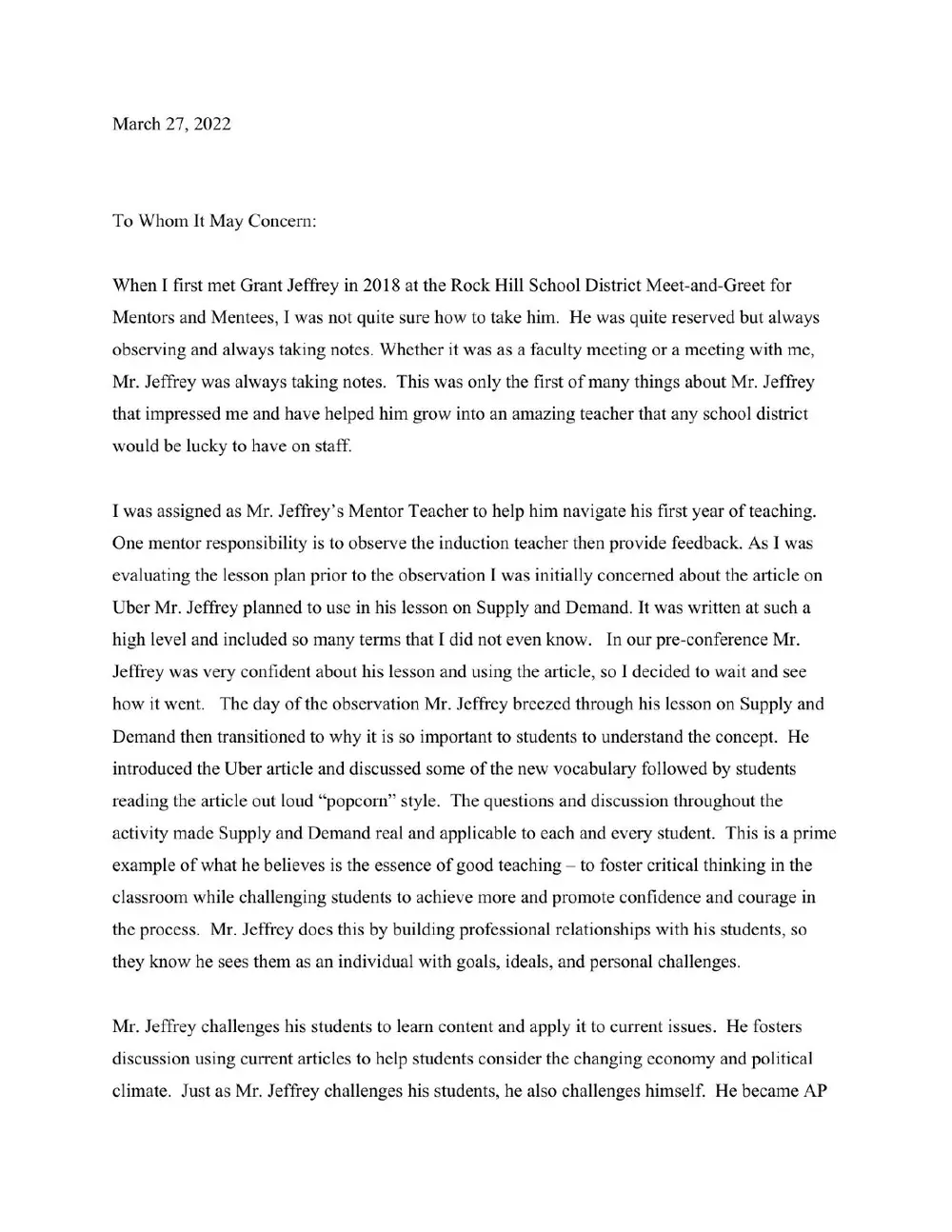Letter of recommendation from Misty D. Gray, Mentor Teacher, page 1 of 2