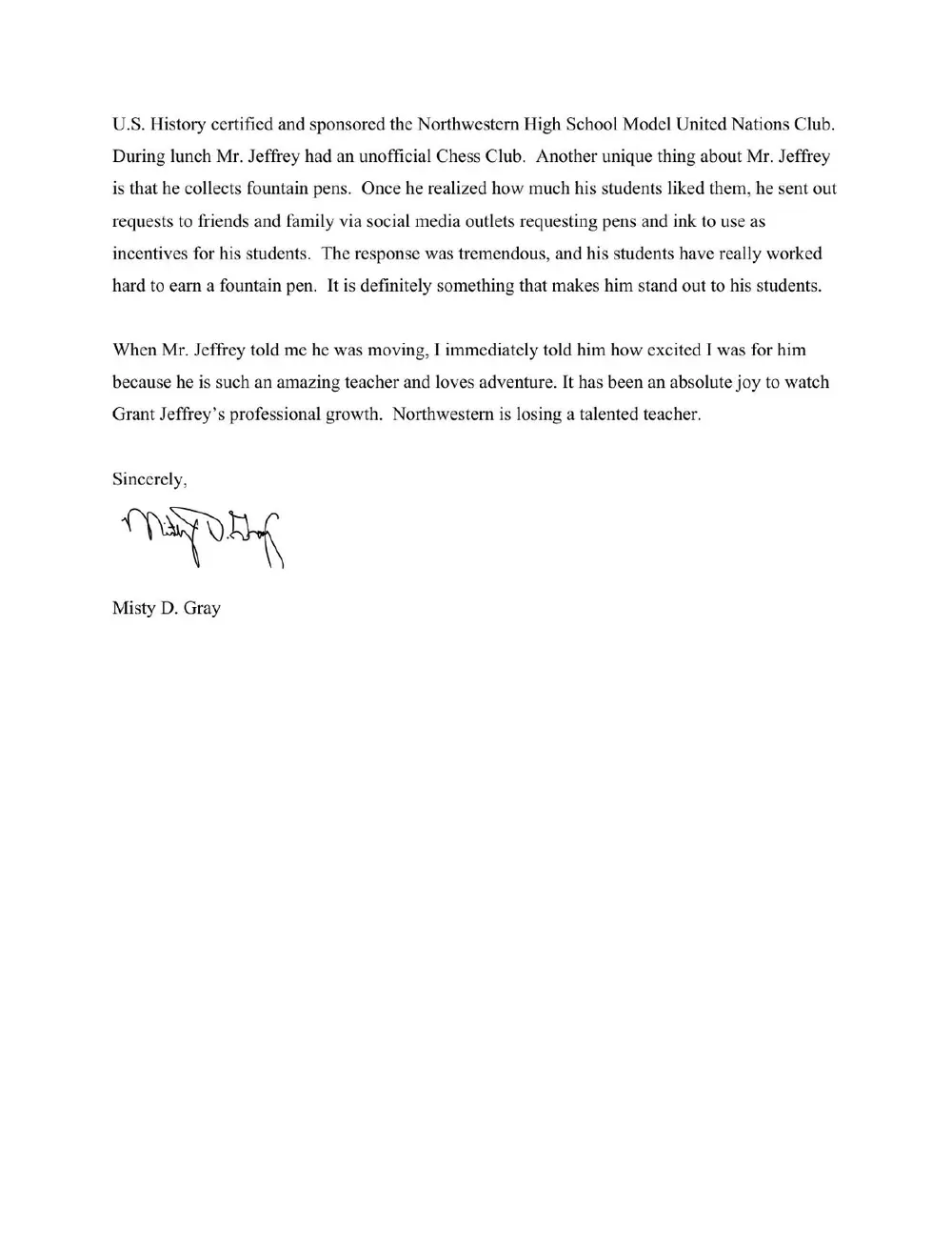 Letter of recommendation from Misty D. Gray, Mentor Teacher, page 2 of 2