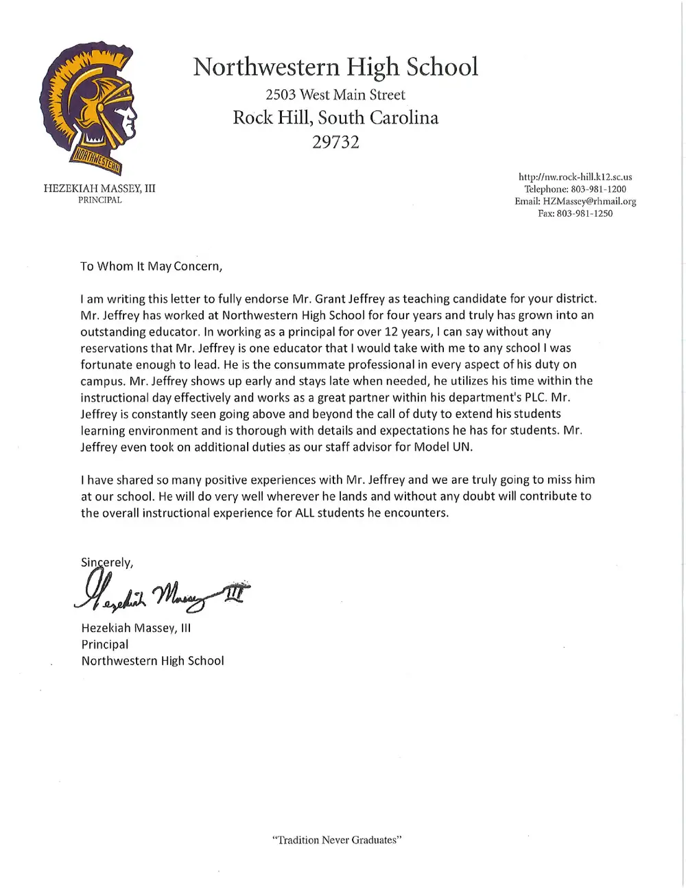 Letter of recommendation from Hezekiah Massey III, Principal, Northwestern High School, page 1 of 1