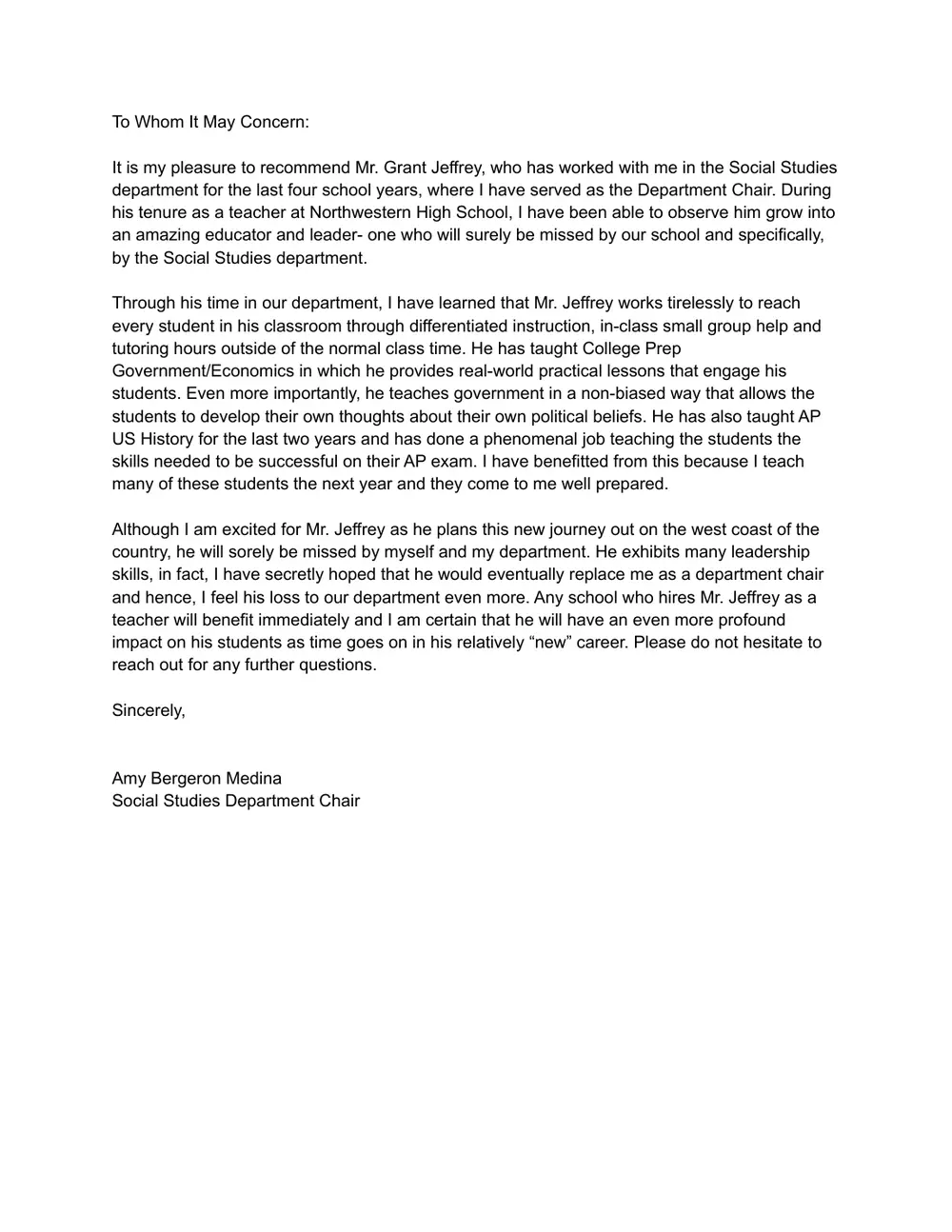 Letter of recommendation from Amy Bergeron Medina, Social Studies Department Chair, page 1 of 1
