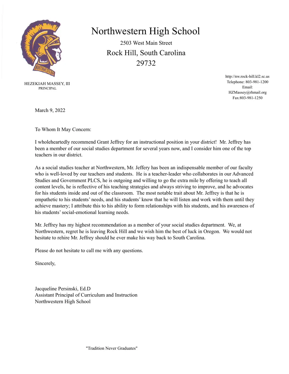 Letter of recommendation from Jacqueline Persinski, Ed.D., Assistant Principal of Curriculum and Instruction, page 1 of 1