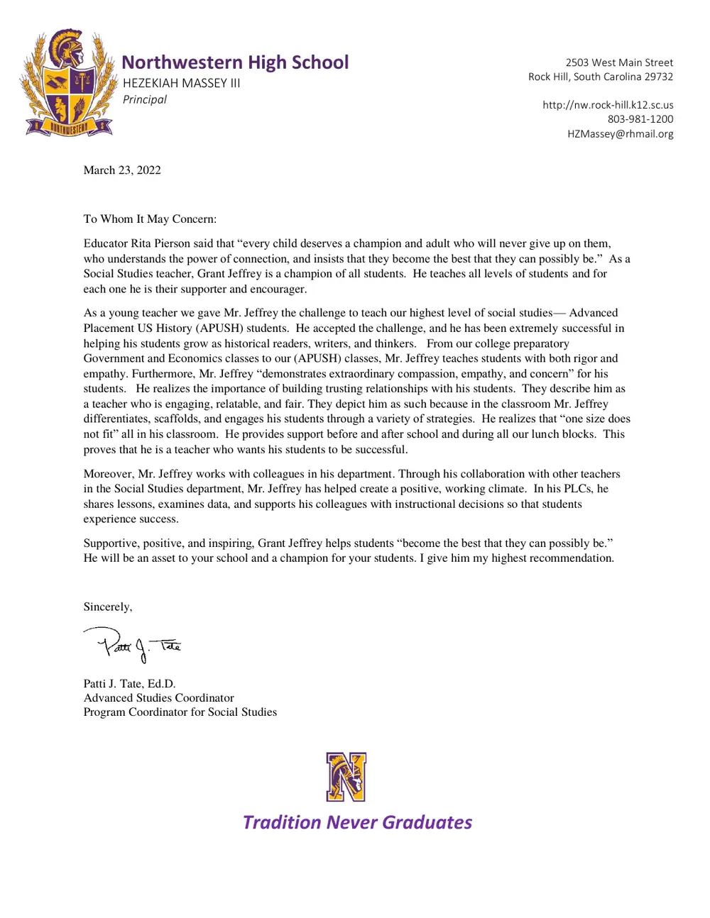 Letter of recommendation from Patti J. Tate, Ed.D., Advanced Studies Coordinator, Rock Hill Schools, page 1 of 1