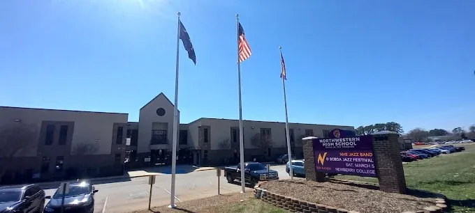 Northwestern High School's front entrance and sign in Rock Hill